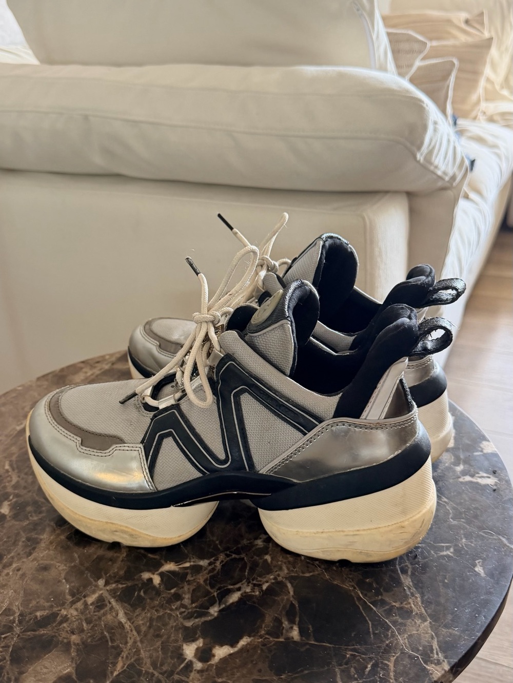 Michael Kors Silver, White and Black Chunky Platform Sneakers